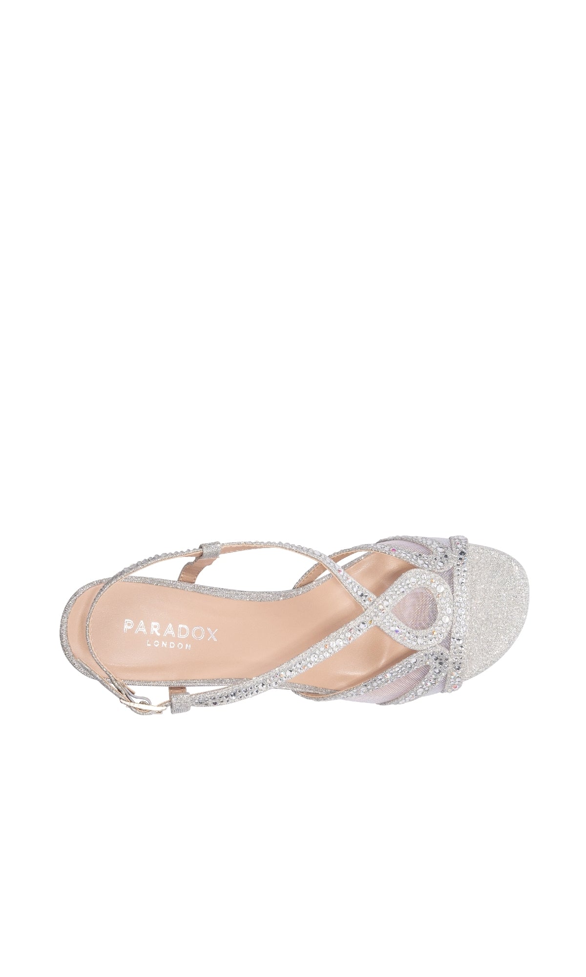 A top view of the Ingrid Silver Prom Shoes by Paradox London (P2303), featuring glitter finish, crisscross straps, and a buckle—a chic, low-heel choice for prom.